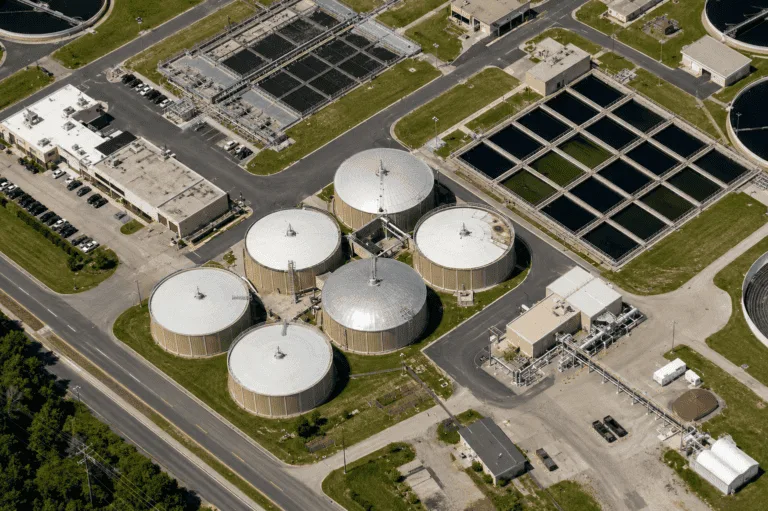 Aerial view of digesters and tanks at the J. P. Messerly Water Pollution Control Plant, Augusta, QEQI® struvite case study