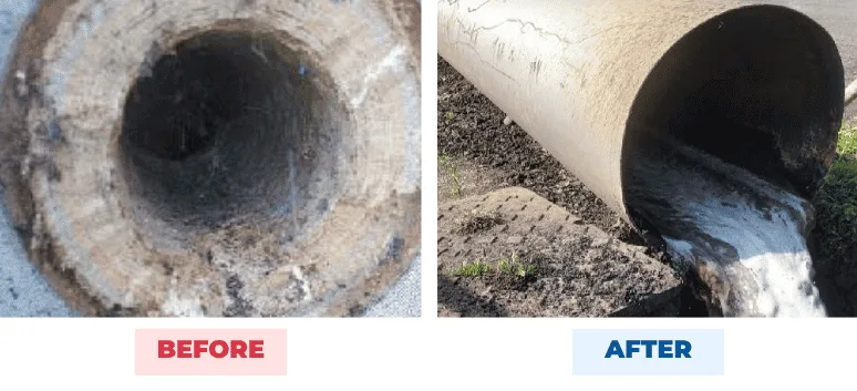 East Hyde Sewage Works (Luton) centrate pipework before and after QEQI® — hard struvite scale reduced