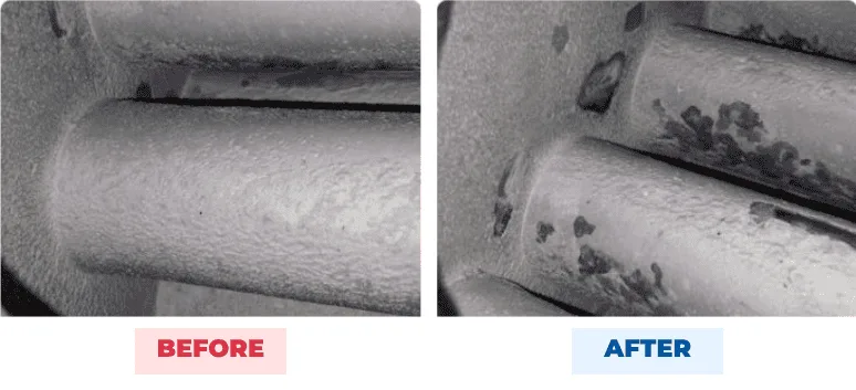 Steam boiler tubes before and after QEQI® — waterside scale made brittle and purged through blow-down, Minnesota