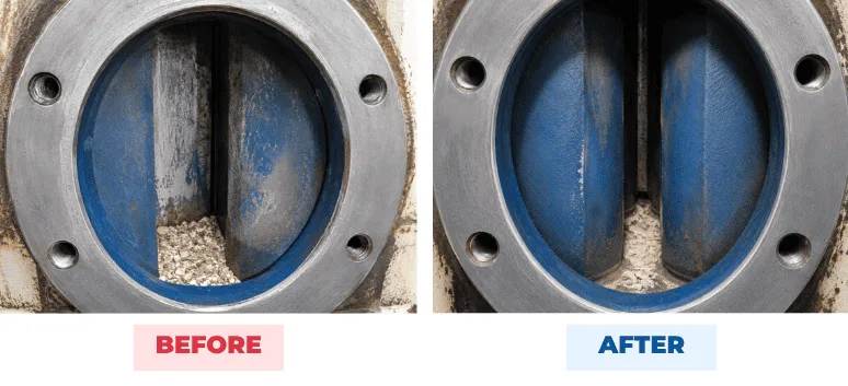 Hot-water tank interior before and after QEQI® — a six-weekly scale pile reduced to bare vanes, Redwood Inn & Suites, Alberta, Canada