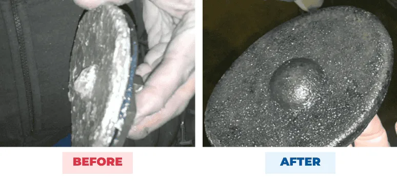 Water heater component before and after QEQI® — thick limescale crust replaced by clean bare metal, apple packing facility, US Northwest