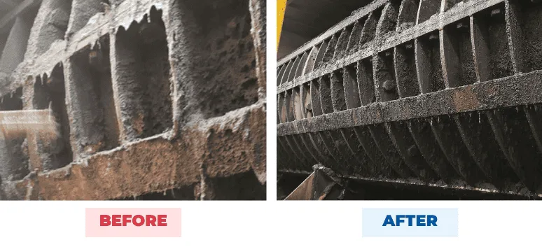 Screw press flights before and after QEQI® treatment — concrete-like struvite became soft and mud-like — wastewater treatment plant, Utah