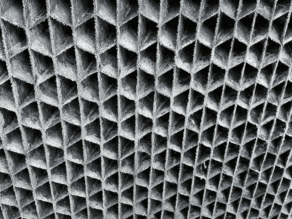Clean, scale-free hospital cooling-tower fill after QEQI® treatment — chemical-free, Sunrise Children's Hospital