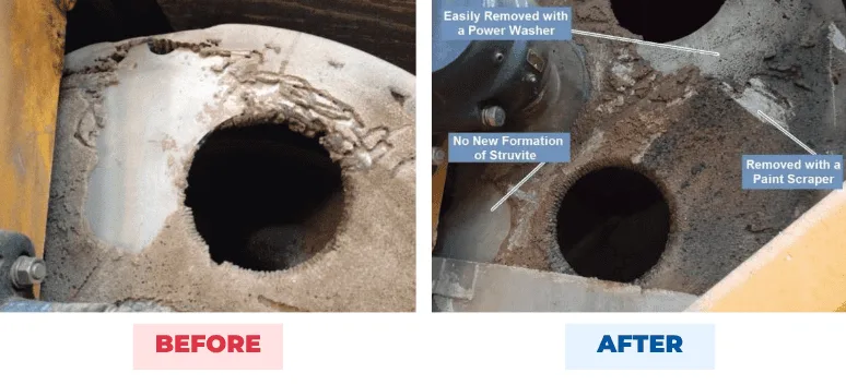 Belt press discharge before and after the 90-day QEQI® trial — heavy struvite encrustation, then no new formation on the cleaned surface, removed with a power washer or paint scraper — Tulsa Southside WWTP, Oklahoma
