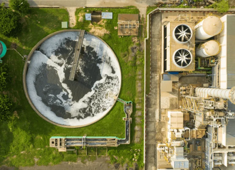 Aerial view of the centrate line and centrifuge at East Hyde works, Luton