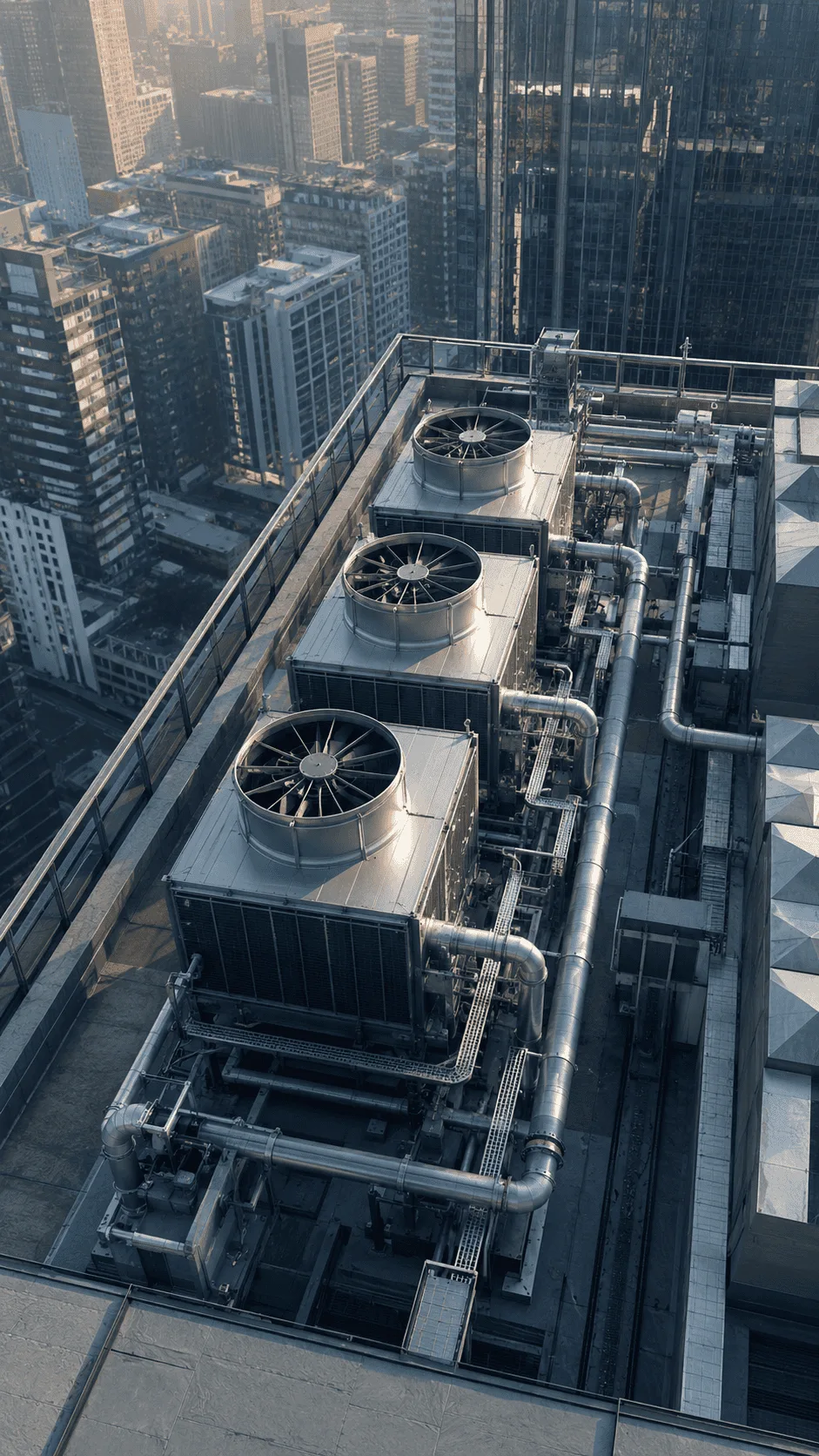 Aerial view of packaged cooling towers and HVAC plant on a commercial high-rise rooftop