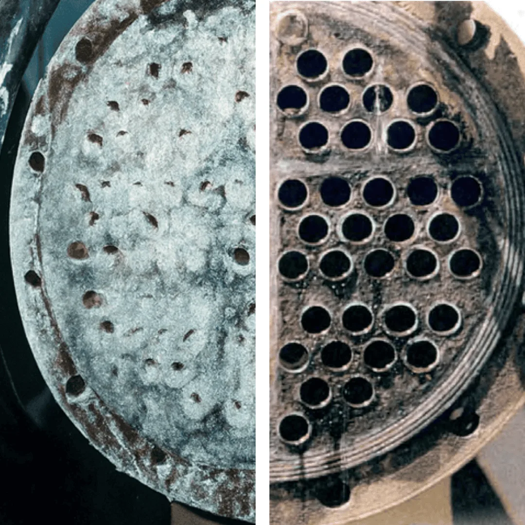 Limescale before and after — heat exchanger restoration
