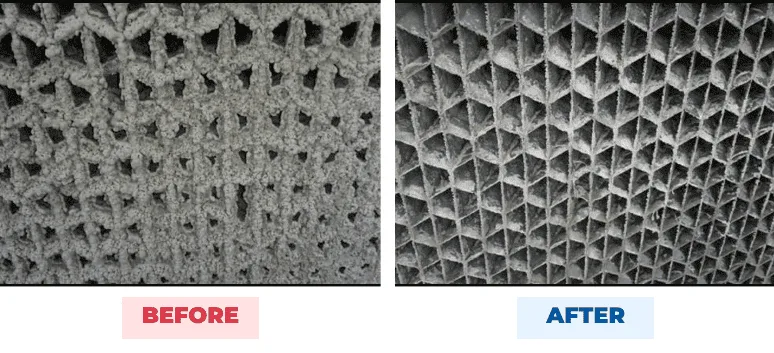 Hospital cooling-tower fill before and after QEQI® — scale cleared, chemical-free, Las Vegas hospital