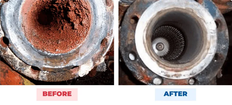 Copper mine pipeline before and after QEQI® — bore packed with scale then clear, Chile