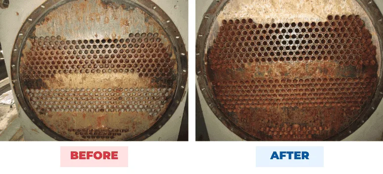 Cooling system surfaces before and after QEQI® — scale cleared across a Hong Kong retail portfolio