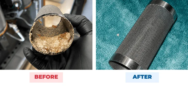 Water heater strainer before and after QEQI® — packed with hard scale, then clean, at a 136-room hotel in San Antonio, Texas