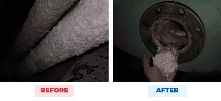 Steam boiler pipework before and after QEQI® — thick white scale replaced by clean metal, with removed scale held in the hand, food-grade steam system, Taiwan