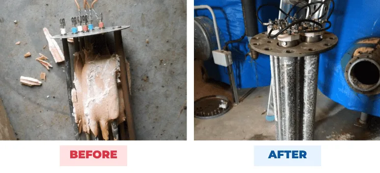 Electric immersion heater before and after QEQI® — heavy limescale reduced to soft powder, ODALYS holiday-home residence, France