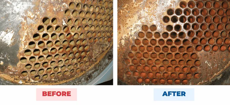 Chiller condenser tubes before and after QEQI® — Hong Kong bank server-room cooling, scale removed without acid cleaning
