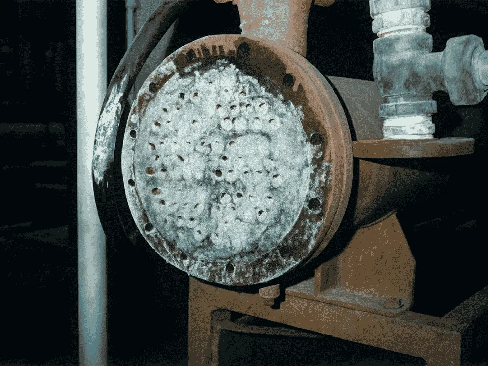Heat exchanger before QEQI® — tube bundle blocked with hard limescale