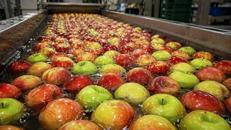 Red and green apples in a packing flume, QEQI® antimicrobial flume water treatment, US Pacific Northwest