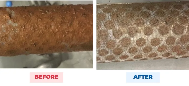 Cooling-line mechanical filter before and after QEQI® — clumped deposits needing a brush replaced by loose material washed off with water, Obolon brewery, Kyiv
