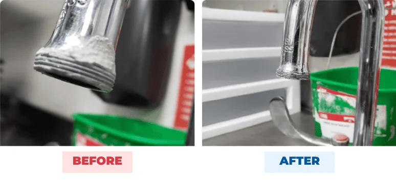 Kitchen tap aerator before and after QEQI® — crusted with limescale, then clean, US convenience store chain