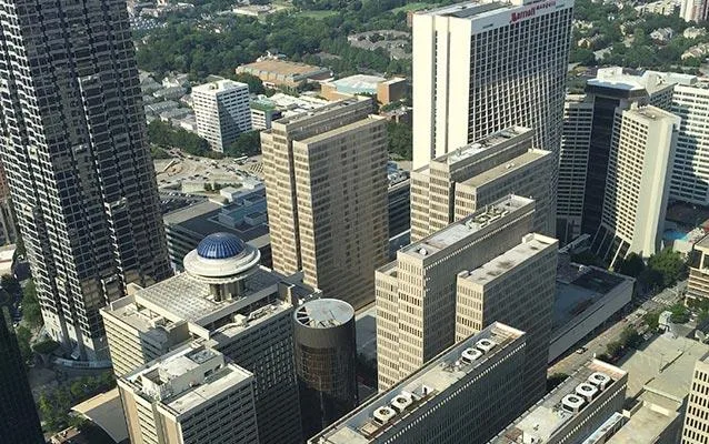 Aerial view of a US office complex skyline, QEQI® cooling tower water treatment case study