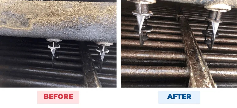 Dairy condenser tubes and spray nozzles before and after QEQI® treatment — from a thick tan scale crust to clean surfaces