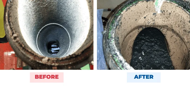 Centrate pipe bore and transfer pump before and after QEQI® treatment — hard grey struvite became thin, soft and wipeable — Robert W. Hite Treatment Facility, Denver, Colorado