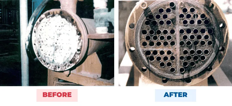 Heat exchanger tube bundle before and after QEQI® treatment — from blocked with hard limescale to open, flowing tubes