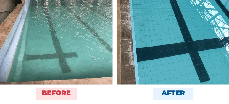Ukraine wave pool water before and after QEQI® treatment — from cloudy to clear