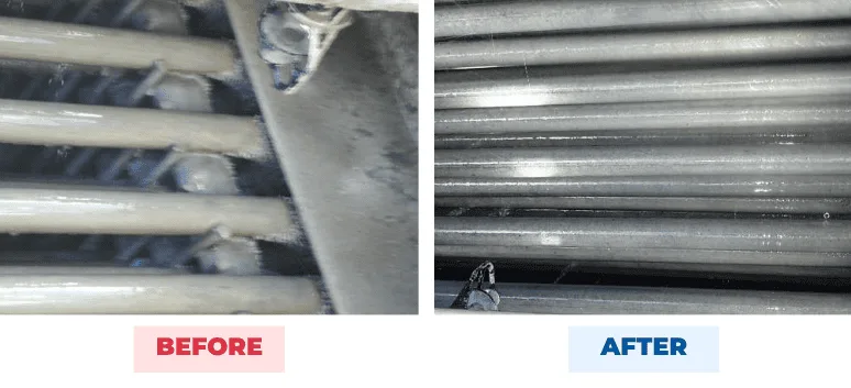 Condenser heat-exchange tubes before and after QEQI® — eighth-inch hard scale reduced to soft scale that wipes off, G & G Orchards packhouse, Yakima, Washington