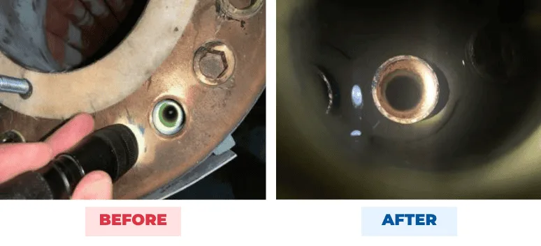 Hot water boiler tube before and after QEQI® — scale build-up cleared after the trial, Northview REIT residential building, London, Ontario