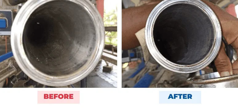 Milk line bore before and after QEQI® — milk scale reduced on a dairy farm parlour wash system, Panama