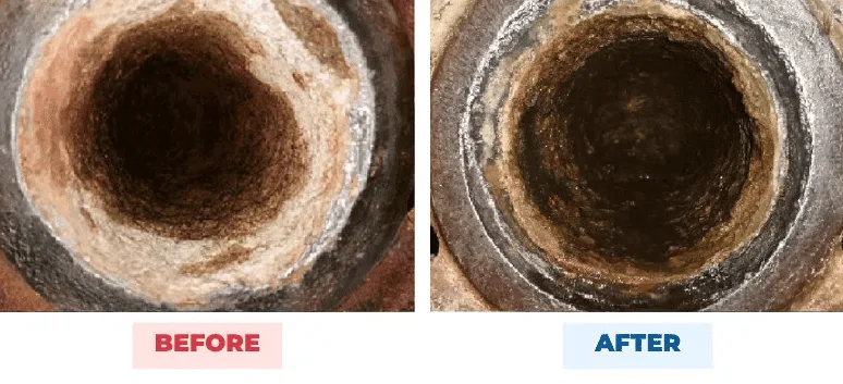 Heat exchange tube before and after QEQI® treatment — from a thick calcite ring narrowing the bore to a clear, open tube