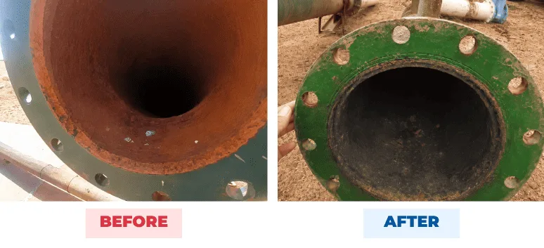 Irrigation pipework before and after QEQI® — orange corrosion products replaced by clean pipe wall, olive groves at Al Jouf, Saudi Arabia