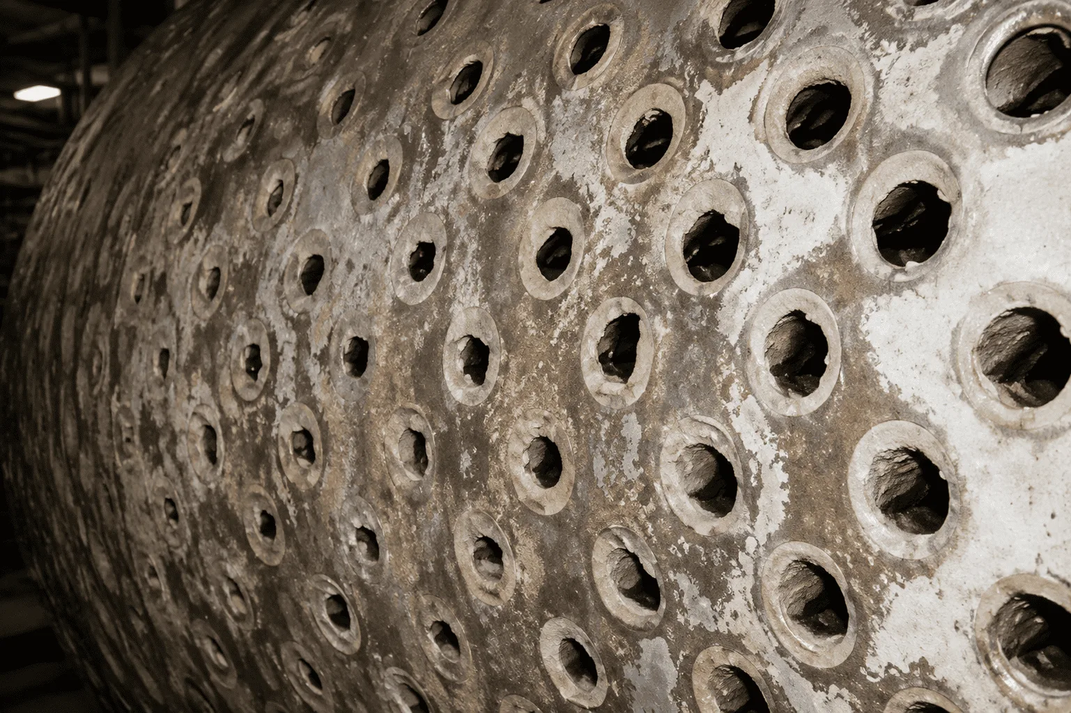 Belt press drum with holes open and only minimal struvite after 150 days of QEQI® treatment — Water Conserv II Water Reclamation Facility, Orlando, Florida
