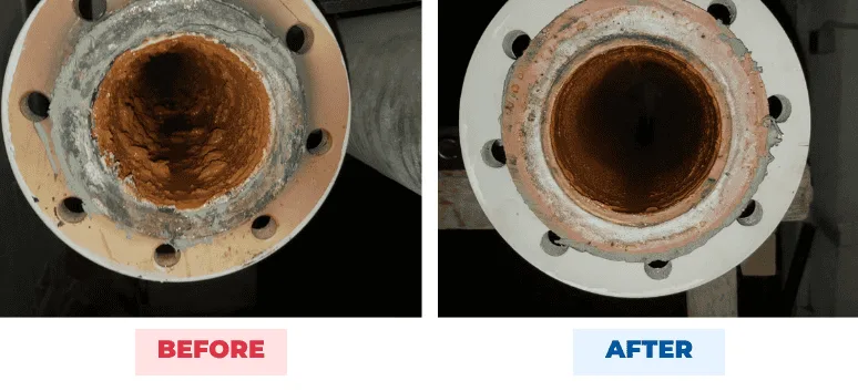 Old steel hot water pipe before and after QEQI® — heavy deposits after brief manual cleaning, visibly reduced after the six-month trial, Palace of Parliament, Bucharest